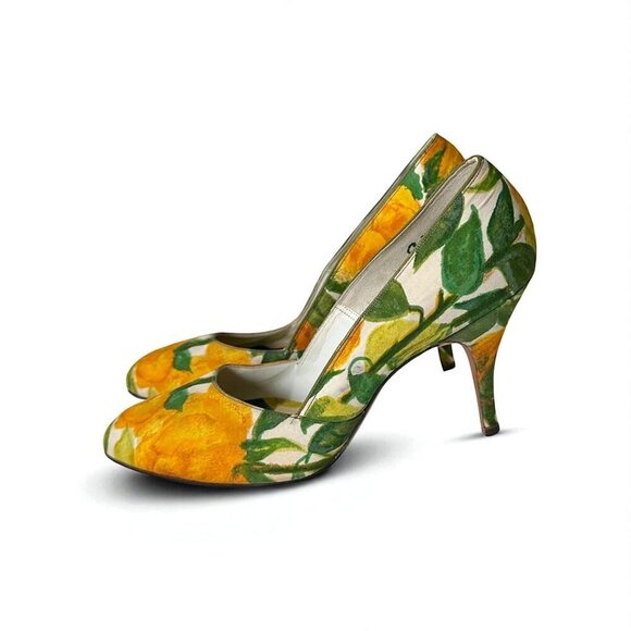 Vintage Delman Citrus Yellow Floral Print Pumps 6B – 1950s High Heels - Picture 4 of 14